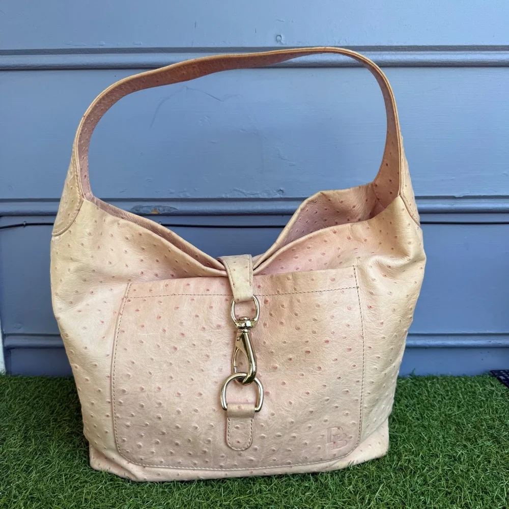 Dooney & Bourke Ostrich Embossed Leather Hobo Bag Lock Pink Silver Hardware